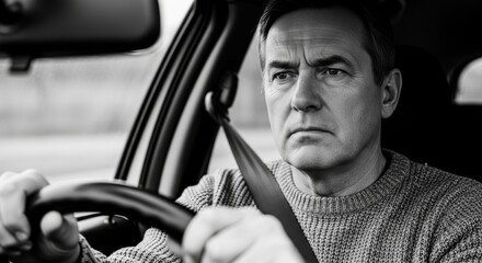 Man Driving Car in Black and White - A middle aged man driving a car. He is wearing a seatbelt and looks focused on the road. Monochrome