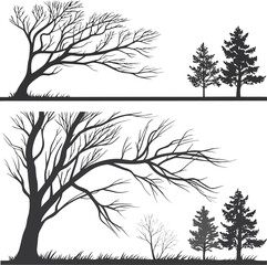 A vector set of tree silhouettes illustrating bare branches across different seasons and nature designs