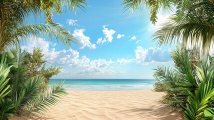 Obraz premium Tranquil Tropical Beach with Lush Greenery and Clear Blue Skies