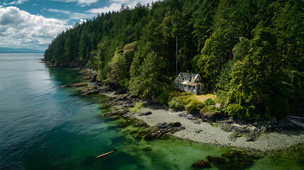 Secluded coastal home surrounded by dense evergreen forest and clear turquoise waters aerial drone