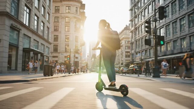 Young woman riding an electric scooter down a sun-drenched city street with buildings on either side, enjoying a bright sunny day and the freedom of urban mobility
