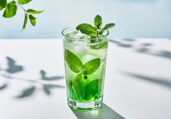 Refreshing Green Mint Cocktail in Clear Glass on White Surface