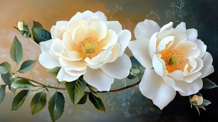 Beautiful White Magnolias on Soft Background with Leafy Stems