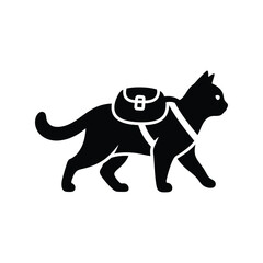 Black cat wearing backpack vector illustration pet travel gear animal adventure icon isolated on white background