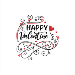 Elegant Happy Valentine’s Day Typography with Decorative Swirls and Red Hearts on White Background