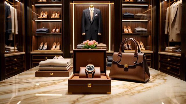 Cinematic interior of a luxury walk-in closet featuring dark wood wardrobes, a marble island, and organized fashion accessories in a high-end dressing room.