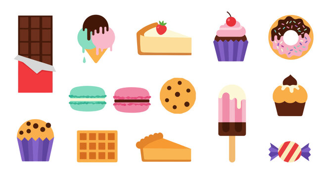 Assortment of sweet treats and desserts in colorful flat vector illustration