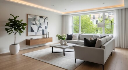 Fototapeta premium Modern Living Room Interior Design - Bright, modern living room with neutral tones, hardwood floors, a large window, and contemporary decor