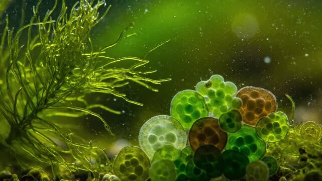Abstract close up of intricate patterns formed by various types of marine macroalgae swaying gently with underwater currents, emphasizing their organic textures and diverse forms.