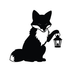 Black fox holding vintage lantern illustration woodland creature nocturnal animal isolated on white background