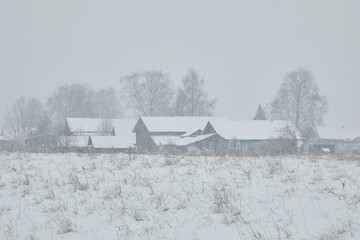 Snowfall in a village near a winter field