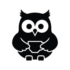 Cute black owl holding coffee cup simple vector illustration isolated on white background