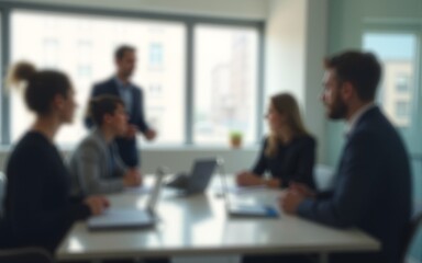 Blur office meeting blurred background with business people working group in boardroom discussion for teamwork brainstorming, executive seminar or professional training in small startup enterprise