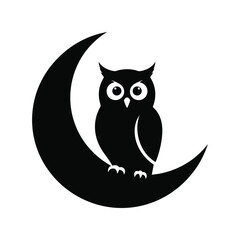 Black owl silhouette perched on crescent moon nocturnal bird graphic isolated on white background