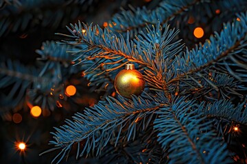 gold Christmas ornament hanging on blue spruce tree with orange bokeh lights at night