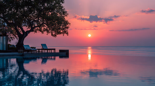 Serene sunset over infinity pool with lounge chairs and tree ocean tropical - Powered by Adobe