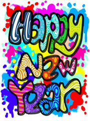 Colorful Happy New Year Doodle Typography Splash Art