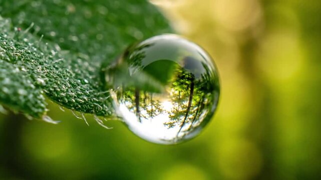 Mesmerizing optical effects within the dewdrop, acting as a miniature lens, subtly distorting and magnifying the inverted distant natural environment.
