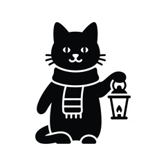 Black cat with scarf holding lantern illustration cute pet winter night isolated on white background
