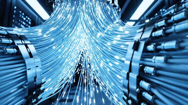 A futuristic data center with illuminated blue data streams. Abstract, techy design