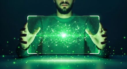 Man Holding Futuristic Transparent Tablet Displaying a Complex Network
