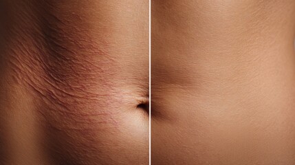 Split screen close up of womans abdomen showing before and after scar and stretch mark removal treatment