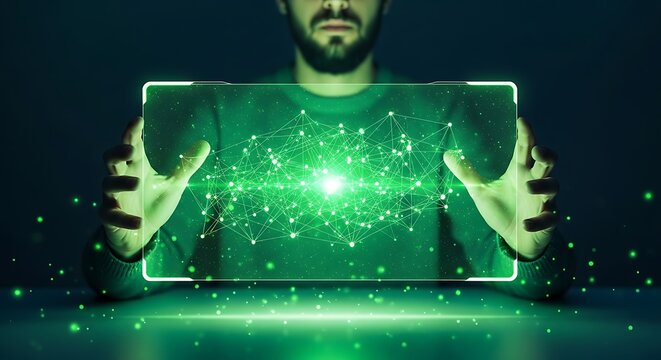 Man Holding Futuristic Transparent Tablet Displaying a Complex Network