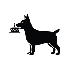 Black dog silhouette with birthday cake celebration pet party isolated on white background