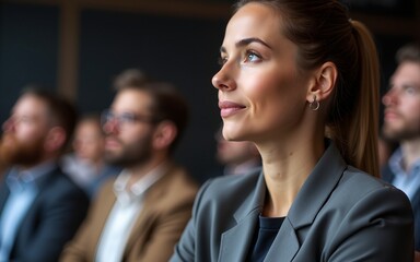 Conference, bored and audience of business woman check time for presentation, seminar and convention. Professional, corporate and men and women with watch for meeting, training event and workshop