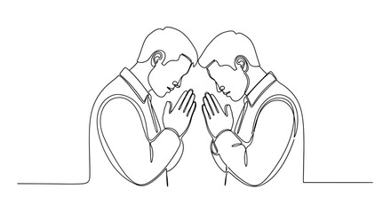 Continuous line drawing of two men praying together showcasing unity and spirituality