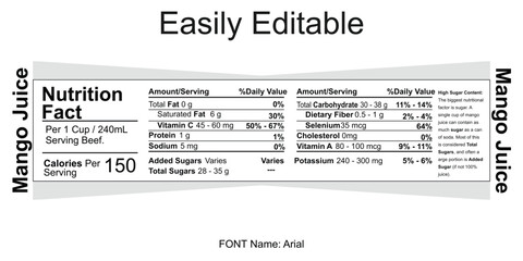 Mango Juice Nutrition Facts Label Per Cup Serving With Calories And Sugar Content serving size