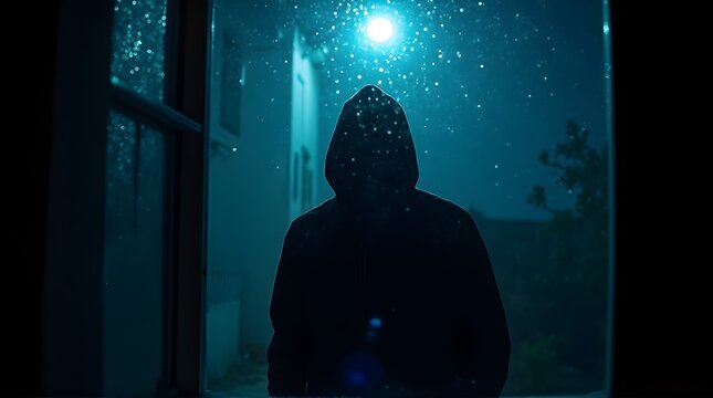 Eerie silhouette of a hooded figure standing ominously in the doorway under a mysterious spotlight, perfect for suspenseful thriller or crime drama projects with a chilling atmosphere