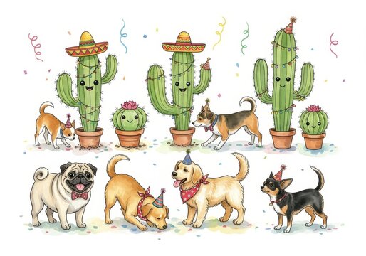 Party Cacti and Happy Dogs on White Background - Cheerful cartoon featuring festive cacti and adorable dogs in party hats, perfect for celebrations. - Powered by Adobe