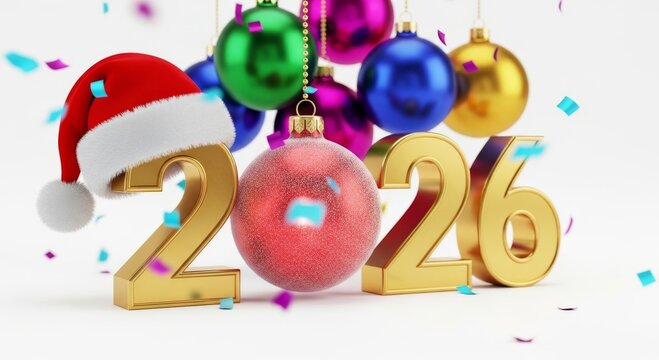 Festive new year celebration with ornaments, confetti, and a santa hat on golden numbers - Powered by Adobe