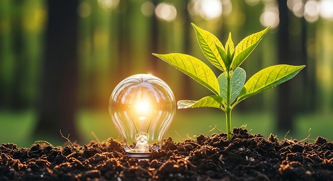 A lightbulb and a small green plant sprout from fertile soil in soft light.