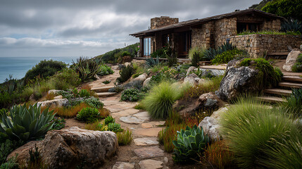 Stone house with coastal garden and ocean view natural landscaping succulents