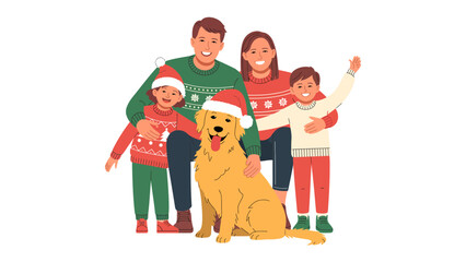 Cozy Family Holiday Portrait: A warm family embraces the festive spirit, posing with their cheerful canine companion amidst the holiday season, radiating love, joy, and togetherness.