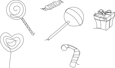 Continous single line multiple candies and party vector. Minimal line lolipop, sweet candy, classic striped candy stand upright. Party vector collection and celebration.
