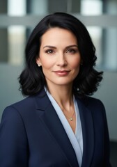 Fototapeta premium Professional Woman Portrait in Business Attire - A confident woman in a navy blazer, symbolizing leadership, success, professionalism, elegance, and intelligence