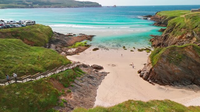 Aerial view of Playa de Santa Comba beach with turquoise sea in Galicia Spain