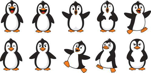 Cute cartoon penguin set in ten playful poses showing laughter, surprise, and anger, perfect for kids’ content, winter themes, or expressive vector illustrations for apps and education