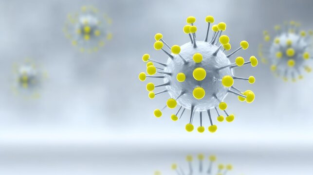 3D illustration of a virus structure with yellow spikes, floating in a blurred background, representing microscopic view of pathogens and their impact on health and environment