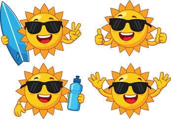 Cute cartoon sun character wearing sunglasses in four fun summer poses with surfboard, water bottle, and peace signs, perfect for vacation, beach, or sunny weather vector illustrations
