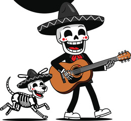 Cute cartoon skeleton in sombrero playing guitar with a dog companion, celebrating Day of the Dead, perfect for festive, cultural, or musical vector illustrations for events and education