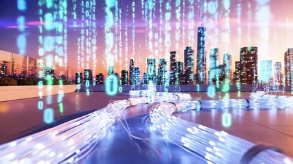 Digitized city skyline with binary code overlay, illuminated fiber optic cables on foreground - Powered by Adobe