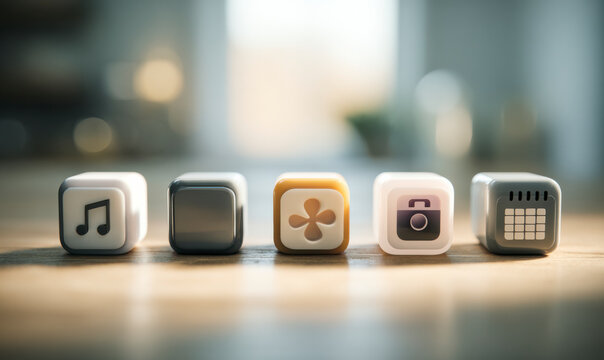 Collection of cubes with various icons displayed on a wooden surface.