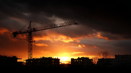 Towering crane silhouetted against fiery sunset over unfinished buildings construction