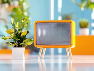 A vintage-style yellow television with a mesh screen sits on wooden legs next to a potted plant.