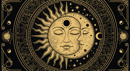 Celestial sun and moon faces with ornate border