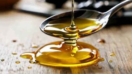 A close-up of a spoon filled with golden honey dripping onto a wooden surface with honey spills around it - Powered by Adobe